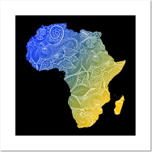 Colorful mandala art map of Africa with text in blue and yellow Posters and Art